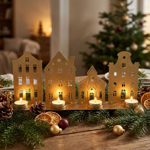 Artikel Kandelaar Kerstverlichting Deco Huizen Goud 52×12cm
