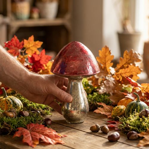 Decoratieve rode glazen paddenstoel, herfstdecoratie, Ø14cm H23cm | Floristik24.nl