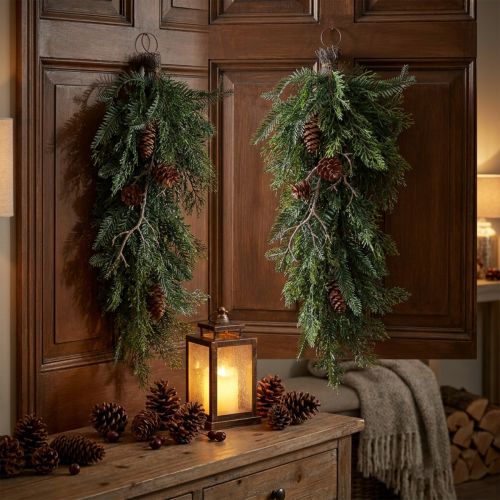 Kunstmatige kersttakken om op te hangen, dennentakdecoratie, cipressentakken met dennenappels, deurkrans, wanddecoratie, raamdecoratie, kunststof, duurzaam, 60cm | Floristik24.nl