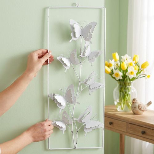 Vlinder Hangende Kunst Lente Metalen Muur Art Shabby Chic Wit Zilver H47.5cm | Floristik24.nl