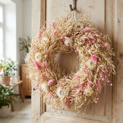 Decoratieve krans, haverkrans, natuurlijke krans, strobloemen, roze, Ø29cm | Floristik24.nl