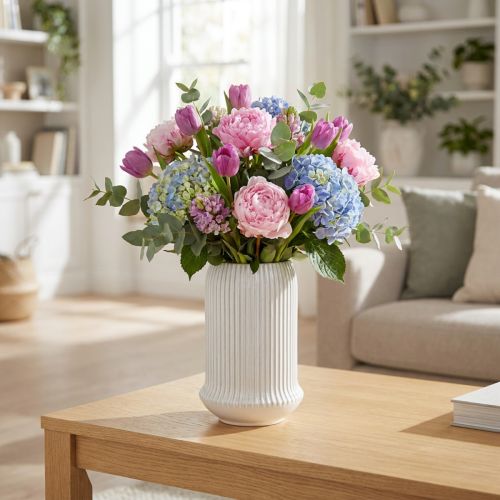Keramiek vaas met groeven Witte keramiek vaas Ø13cm H20cm | Floristik24.nl