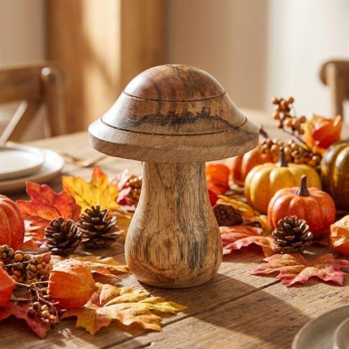 Houten paddestoel met groeven Herfst deco paddestoel natuurlijk mangohout 10×Ø8cm | Floristik24.nl