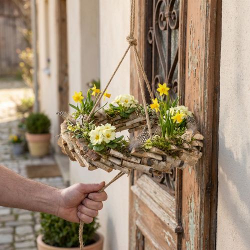 Houten krans om op te hangen met haak van berkenhout Ø35cm - Natuurlijke decoratie voor lente, macramé, bloemen & kruiden | Floristik24.nl