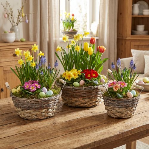 Artikel Shabby Chic Witte Plantenmand Set, Paasdecoratie Natuurlijke Mand met Handvatten Ø28/24/19cm, Decoratieve Manden Gewassen