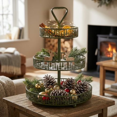 Artikel Metalen etagère, groen, drie lagen, dennendecoratie, rond, 49 cm