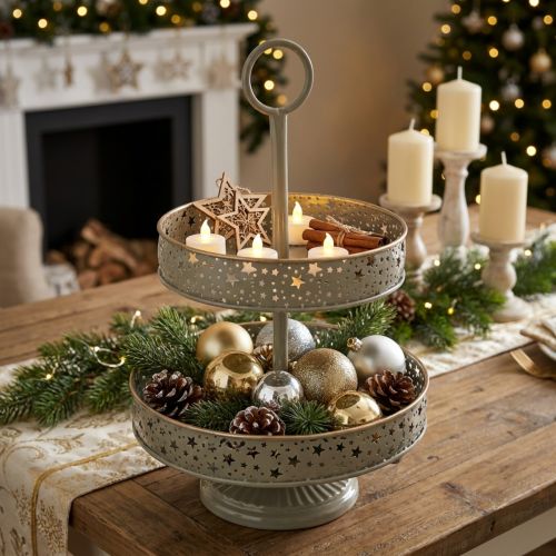 Artikel Decoratieve etagère met handvat, stermotief, twee lagen, 49 cm