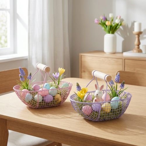 Draadmand met houten handvat, ideaal voor een moderne en stijlvolle inrichting, 17 cm, 6 stuks | Floristik24.nl