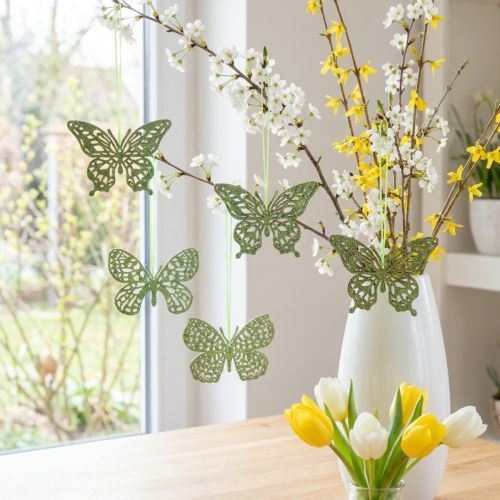 Decoratieve hanger vlinder groen glitter 8cm 12 st | Floristik24.nl