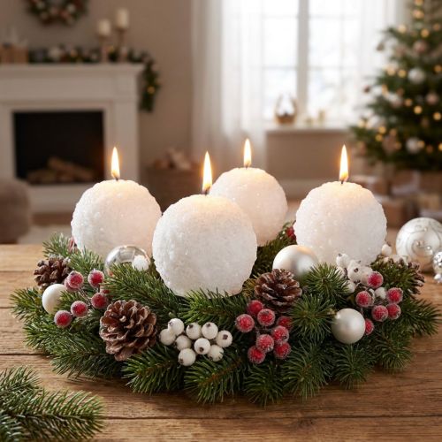 Adventskaarsen, sneeuwbalmotief, Ø80mm witte bolkaarsen, set van 4, kerstversiering, wintermagie | Floristik24.nl