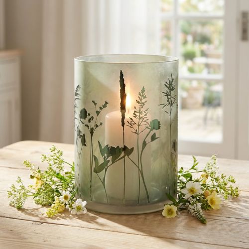 Lantaarn groot decoratief glas in witgroen motief weide H24cm | Floristik24.nl