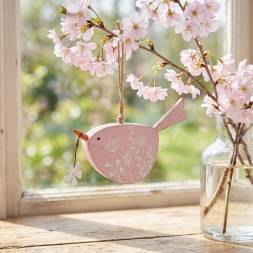 Decoratieve vogel lentedecoratie hangdecoratie hout roze 15×8,5cm | Floristik24.nl