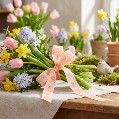 Artikel Bloemenlint lente cadeaulint abrikoos pastel 15mm 20m