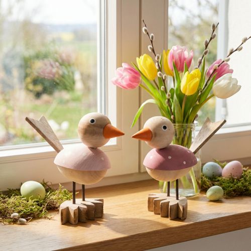 Houten vogel deco figuur raamdecoratie lente roze H15cm 2st | Floristik24.nl