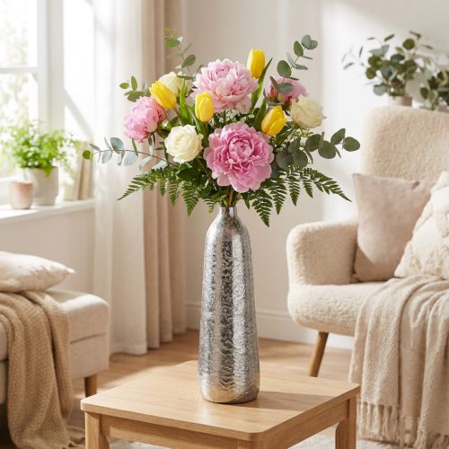 Decoratieve vaas metaal gehamerd bloemenvaas zilver Ø9,5cm H32cm | Floristik24.nl
