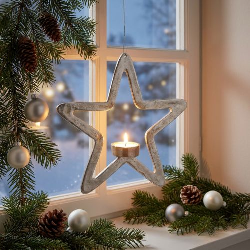 Decoratieve ster theelichthouder metaal om op te hangen zilver 24cm | Floristik24.nl