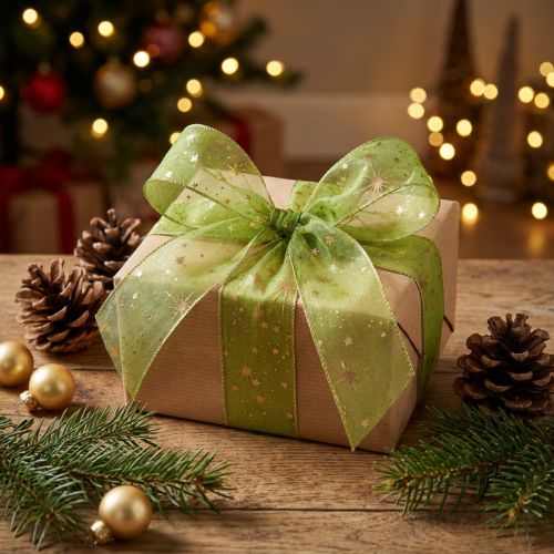 Artikel Lint Kerst, organza lint groen sterpatroon 25mm 25m