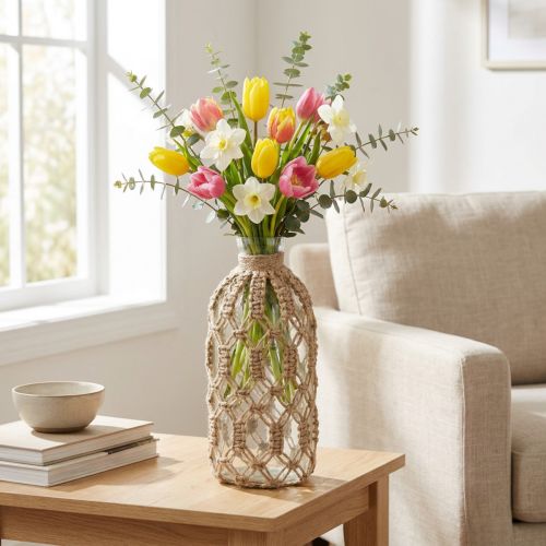Macrame fles glazen siervaas naturel jute Ø10,5cm H26cm | Floristik24.nl