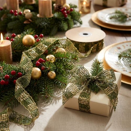 Kantlint groen met gouden sierlint kant 25mm 15m | Floristik24.nl