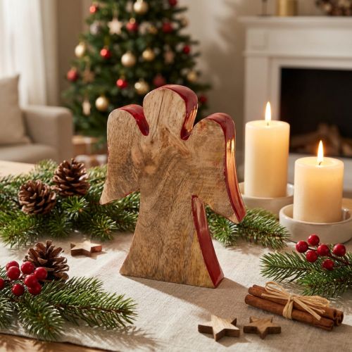 Engel decoratiefiguur hout rood, natuur 15cm | Floristik24.nl