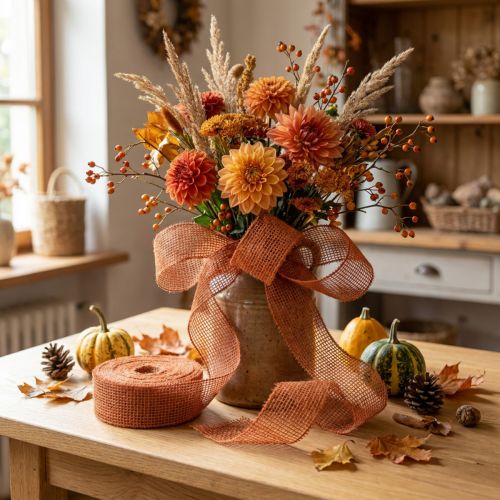 Artikel Jute lint, rood-oranje, mesh lint, jute, ecologisch, terracotta, 5 cm breed, 40 m lang