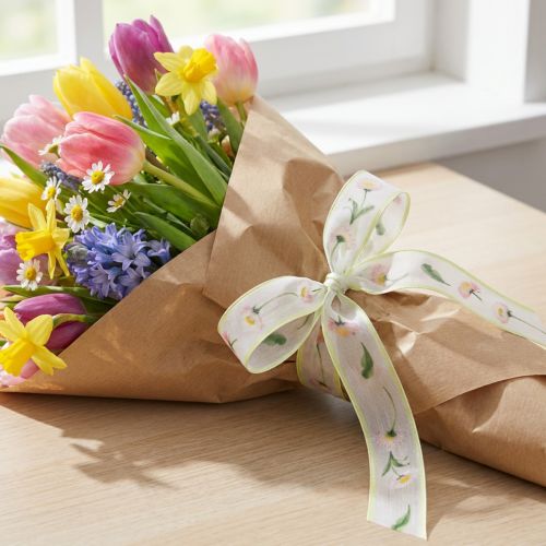 Artikel Cadeaulint met een Bellis bloemenpatroon voor knutselen en verpakken, 25 mm x 20 m