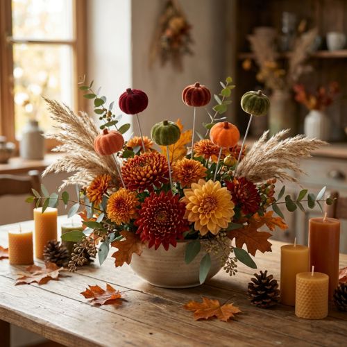 Artikel Mini pompoendecoratie op stokje herfstdecoratie 6 kleuren Ø4cm 18 stuks