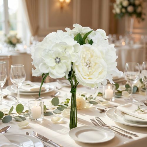 Elegant decoratief bruidsboeket met parels en strass-steentjes, kunstbloemen, zijden bloemenboeket, witte en crèmekleurige bruidsdecoratie, 29 cm | Floristik24.nl
