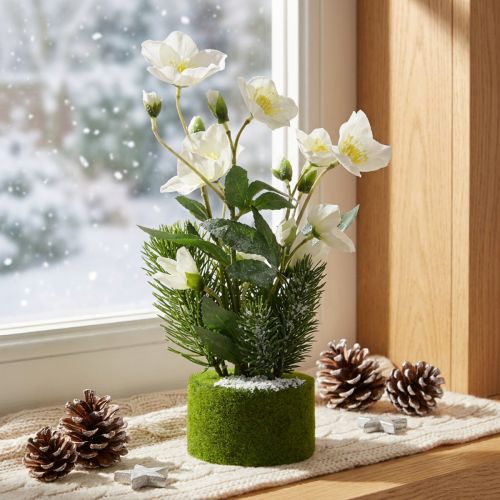 Kerstroos met dennenboom en mosbal, kunstmatig, wit met sneeuw bedekt, 33 cm | Floristik24.nl