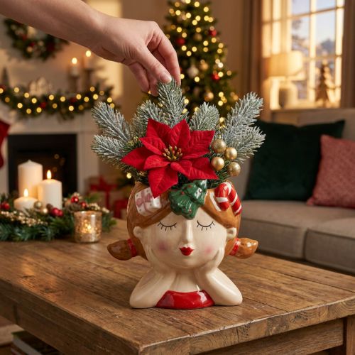 Plantenkop keramiek meisje decoratieve plantenbak Kerstmis H17cm | Floristik24.nl