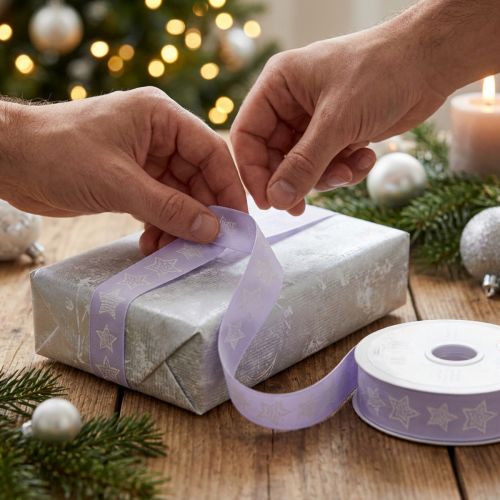 Decoratief lint met sterren kerstlint lila 25mm 18m | Floristik24.nl