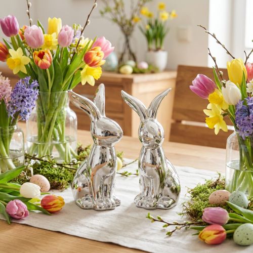 Decoratieve Paashaas Keramiek Decoratieve Konijn Zittend Zilver 18cm 2 Stuks | Floristik24.nl