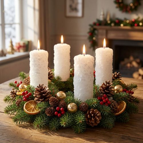 Adventskaarsenset van 4 - Witte stompkaarsen met sneeuwbaleffect en vorstpatroon, kerstdecoratie 150/60mm | Floristik24.nl