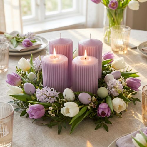 Set van 4 stompkaarsen, gegroefde sierkaarsen, 70/130 mm in lila, voor tafeldecoraties, adventskransen en lentearrangementen | Floristik24.nl
