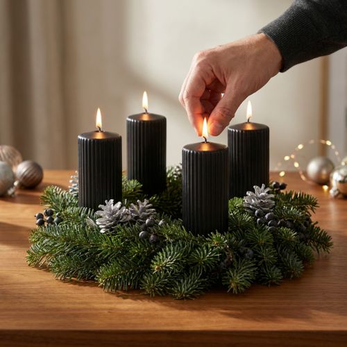 Elegante zwarte pilaarkaarsen met gegroefd design, 70/130mm, set van 4 - Veelzijdige decoratieve kaarsen voor Advent en feesten | Floristik24.nl