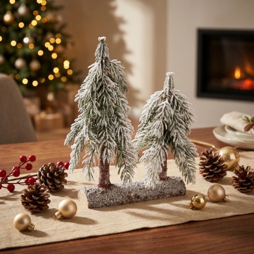 Artikel Kerstboomdecoratie groen wit winter op houten voet H28cm