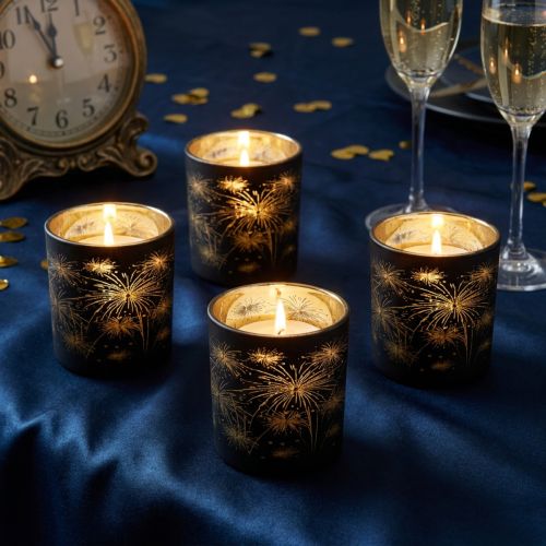 Set van 6 glazen lantaarns, zwart en goud, vuurwerkontwerp, feestelijke decoratie, 9 cm | Floristik24.nl