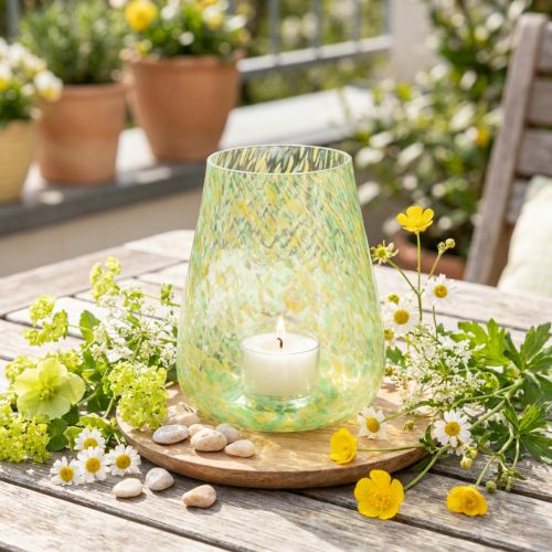 Theelichthouder lantaarn glas geel groen Ø12cm H14,5cm | Floristik24.nl