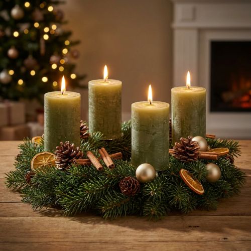 Effen olijfgroene pilaarkaarsen 60×80mm, verpakking van 4, voor decoratie & Advent | Floristik24.nl