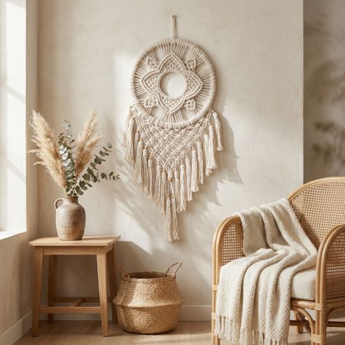 Macramé dromenvanger wanddecoratie crèmekleurig Boho wanddecoratie handgemaakt 29×72cm voor woonkamer en slaapkamer | Floristik24.nl