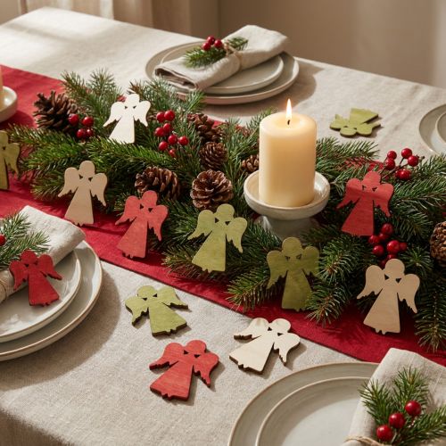 Strooidecoratie Kerst houten engel rood groen naturel 5x3,5cm 48 st | Floristik24.nl
