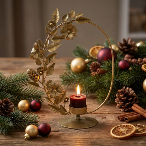 Artikel Theelichthouder goud deco lus bloemen kegels H29.5cm