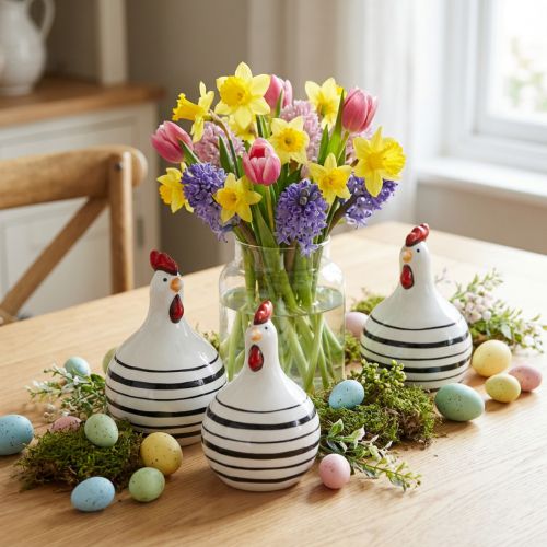 Decoratieve Kip Keramiek Wit met Zwarte Strepen Rond Ø 7cm H11cm 3 st. | Floristik24.nl