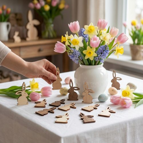 Houten strooidecoraties, Paasstrooistukken, Paashaas, gele tinten 4cm, 72 stuks | Floristik24.nl