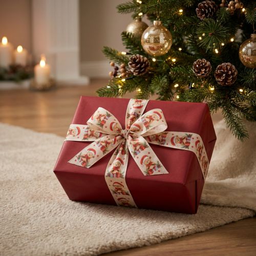 Artikel Cadeaulint beer met kerstmuts en cadeautjes 40 mm 15 m
