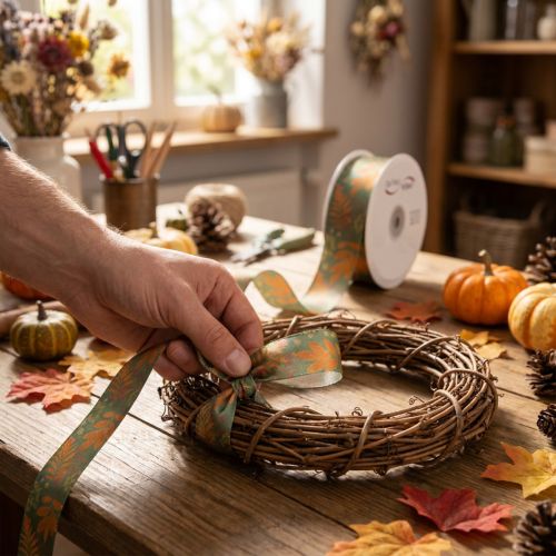 Artikel Decoratief lint met bladmotief, herfstdecoratie, 40 mm x 15 m