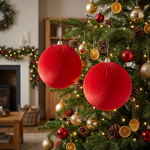 Artikel Rode fluwelen kerstbal, grote decoratieve bal om op te hangen, 25 cm, 2 stuks
