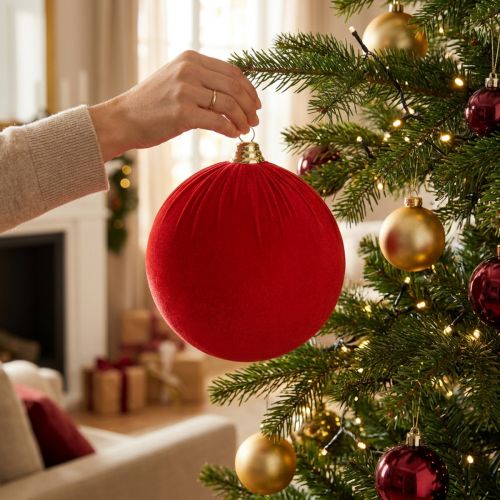 Artikel Rode kerstbal met fluweelachtige look, grote kerstboombal van 20 cm, 3 stuks