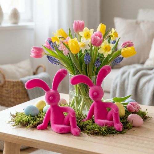 Decoratief zittend konijn als blikvanger voor de lente in de woonkamer of op kantoor, 22 cm, 2 stuks | Floristik24.nl