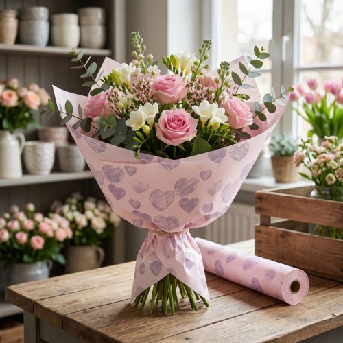 Artikel Bloemenpapier met hartmotieven voor decoratieve bloemstukken, 25 cm x 25 m
